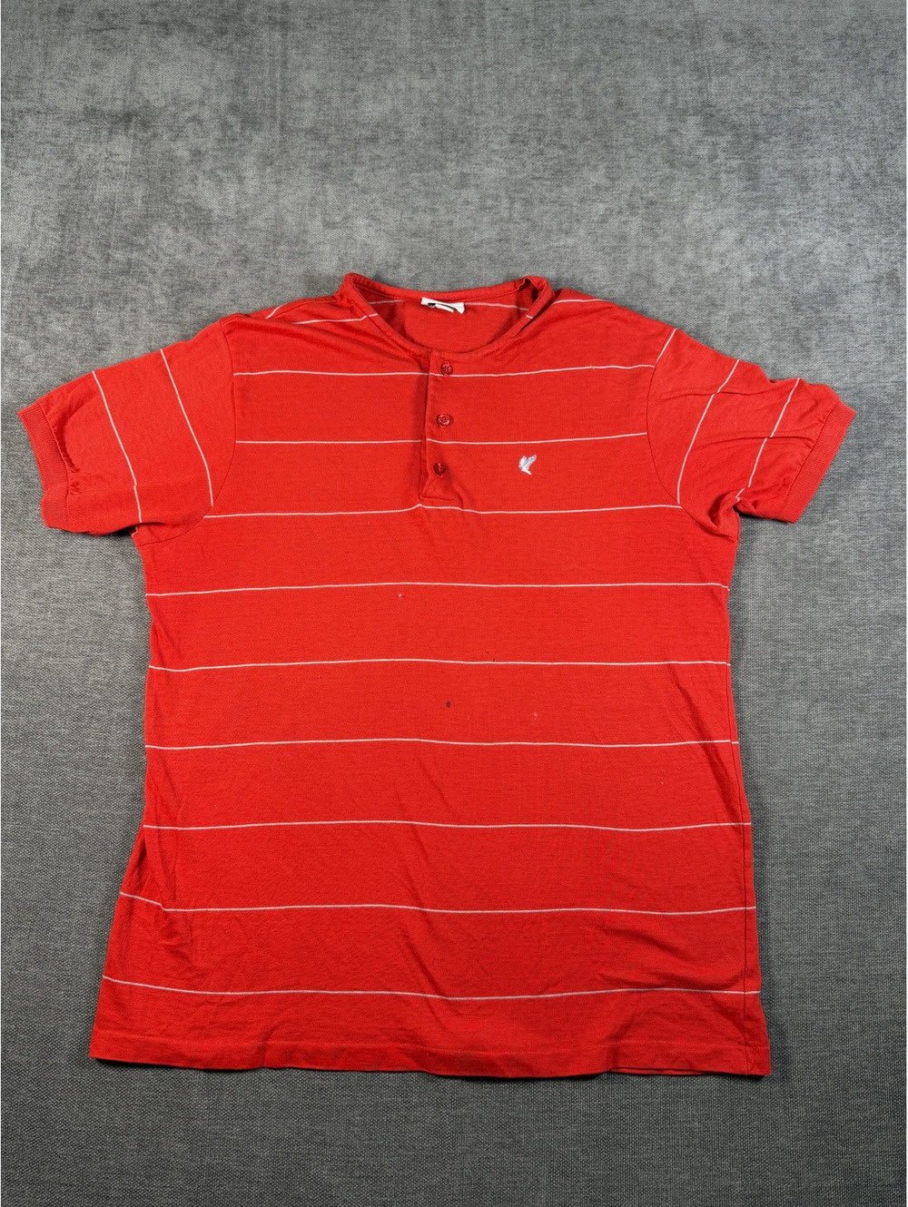 Red Short Sleeve Button-Up Shirt with White Stripes and Bird Embroidery, Size XL